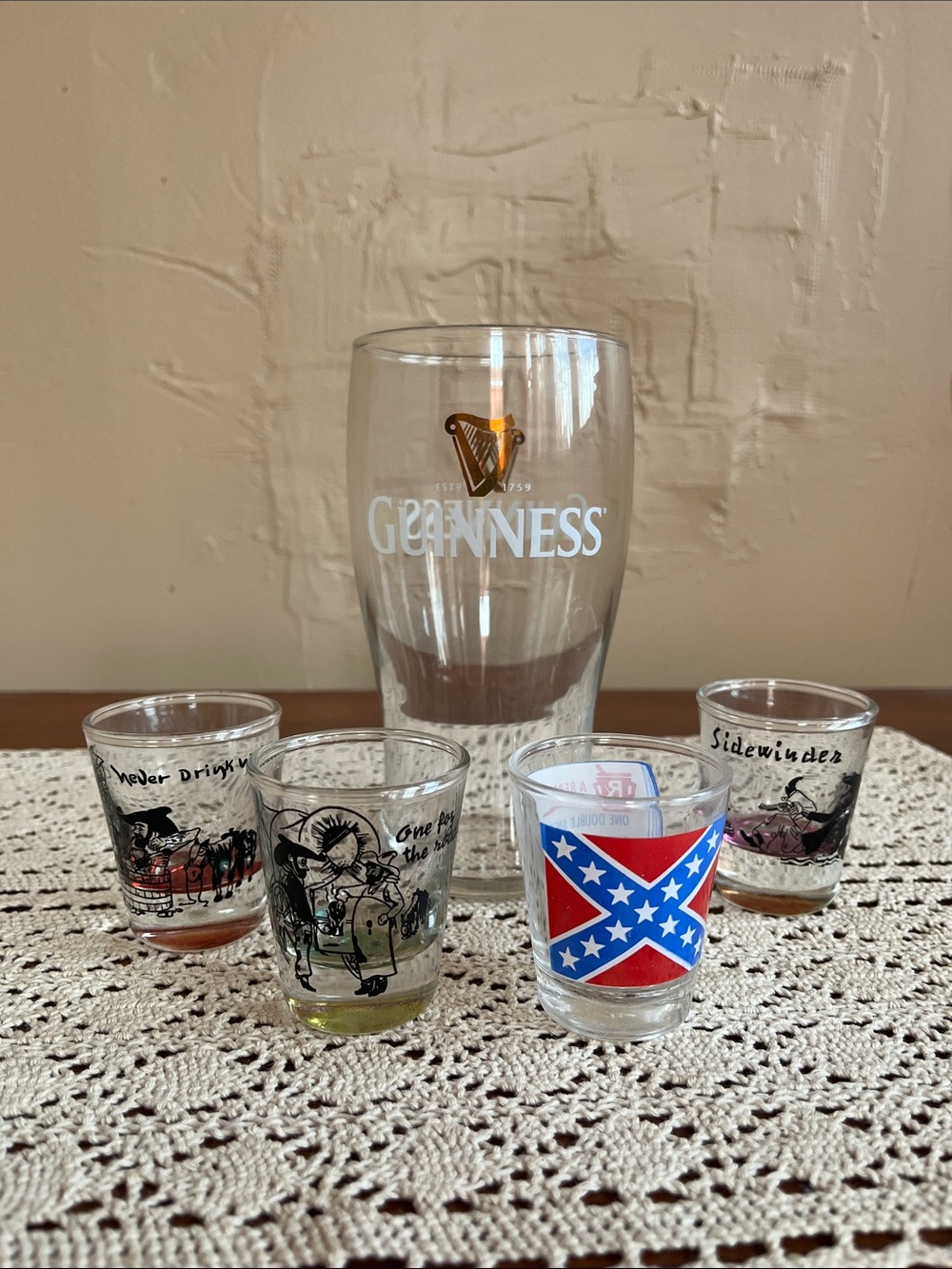 Guinness Clear Pint Glass with Colorful Printed Shot Glasses